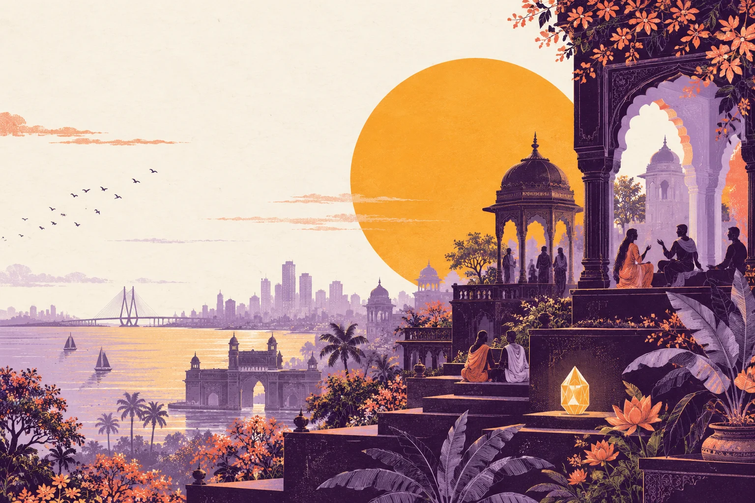 An imaginative garden of Indian arches and stepped terraces under a saffron sun