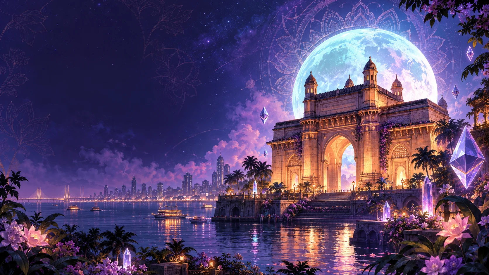 An illustrated Mumbai gateway beneath a luminous moon, surrounded by a violet garden and floating crystals